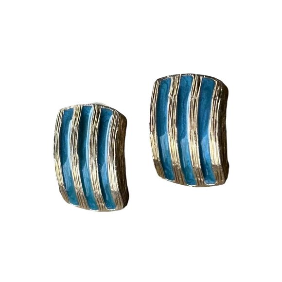 Rare Quality Turquoise Blue & Gold Enamel Post back Stud Earrings Made In USA - Picture 3 of 8